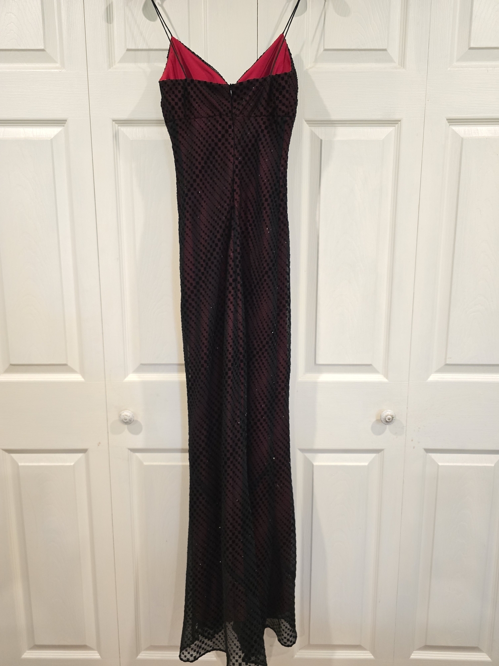 Spaghetti-Strap Red Ball Gown With Black, Sparkling Overlay - Picture 4 of 5